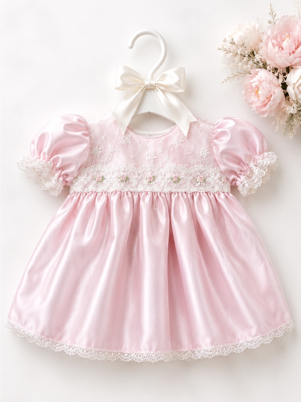SPECIAL Vintage Smocked Pink Satin Baby Floral Embroidered Dress Lace Sash